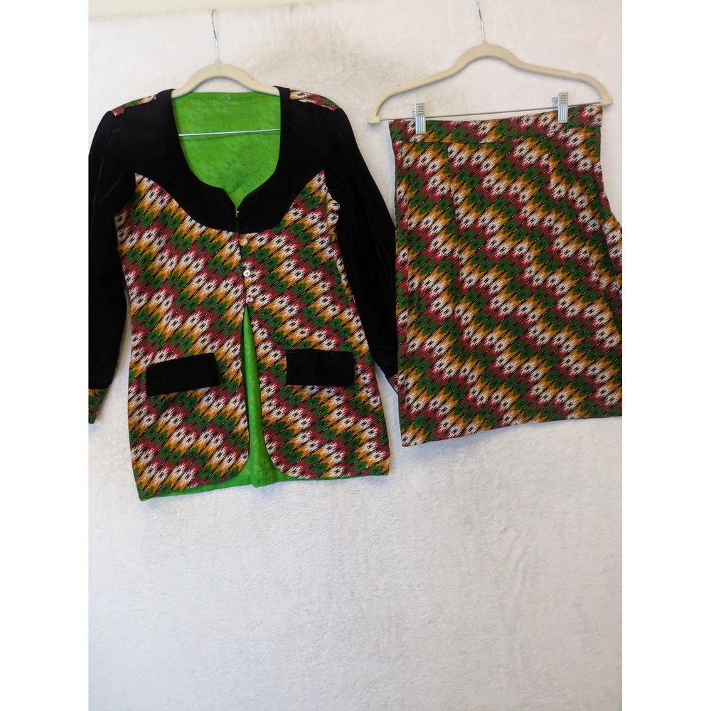 Skirt Suit Women's S‎ Multicolor Geometric Ikat Print Velvet Trim Retro